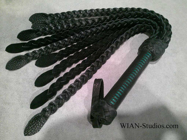 Black Bull Hide Flat Braid Cat-O-Nine, Green Kangaroo Laced Handle