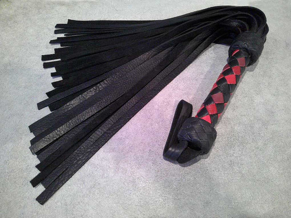 Black Bullhide Flogger, Black, Red, Burgundy Handle, Medium