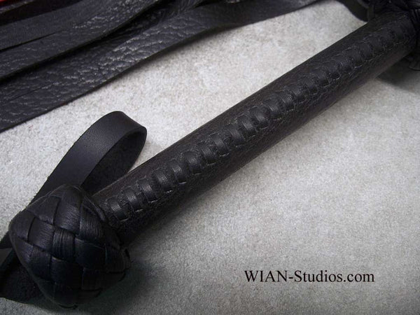 Black Mid-Weight Buffalo and Heavy Red Cowhide Flogger, Black Laced Handle