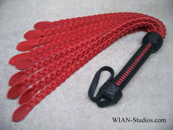 Red Bull Hide Flat Braid Cat-O-Nine, Black Handle