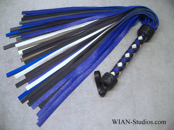 Blue, Black and Metallic Silver Cowhide Flogger
