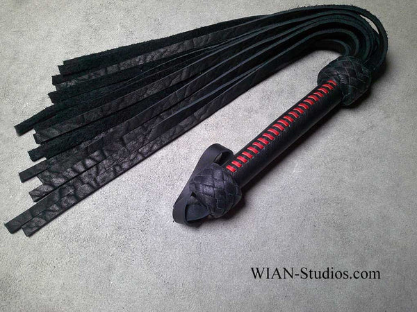 Black Buffalo Flogger, Medium, handle laced in Red Kangaroo