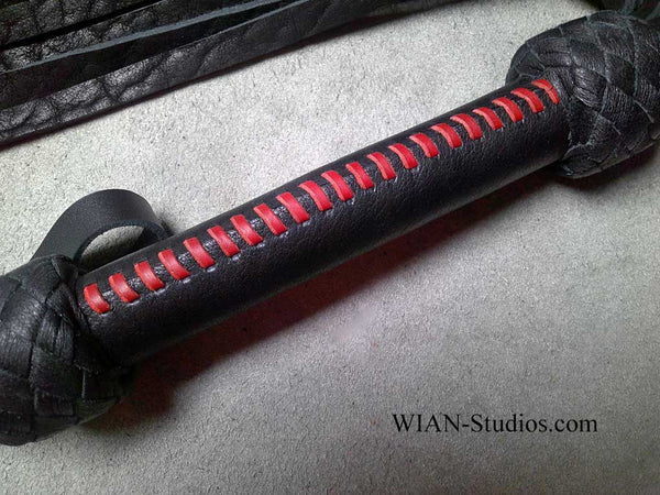 Black Buffalo Flogger, Medium, handle laced in Red Kangaroo