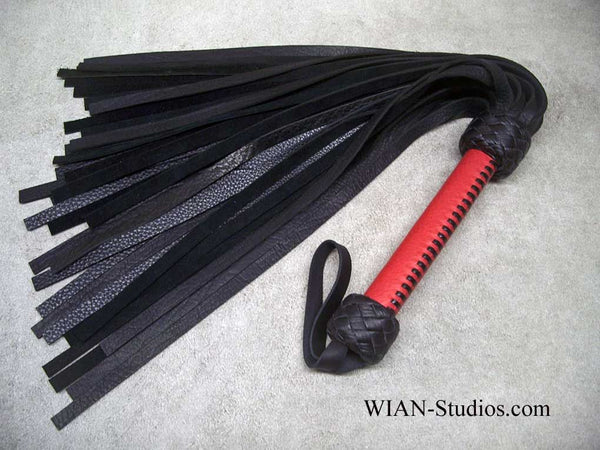 Black Cowhide Flogger, Red Laced Handle, Medium
