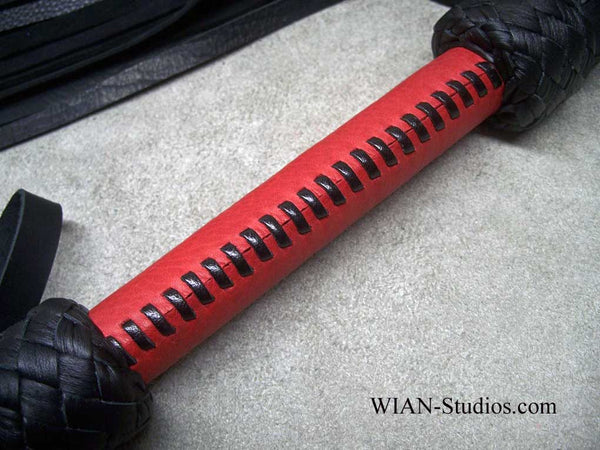 Black Cowhide Flogger, Red Laced Handle, Medium