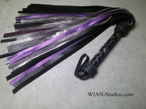 Black, Metallic Purple, and Metallic Silver Cowhide Flogger