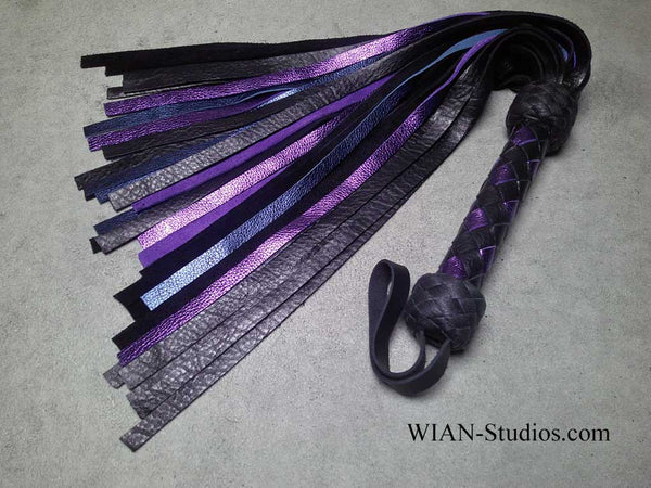 Black, Metallic Purple and Metallic Sapphire Blue Cowhide Flogger, Medium