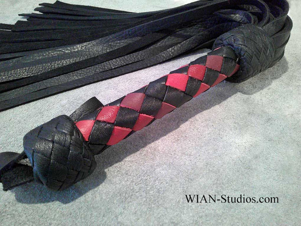 Black Bullhide Flogger, Black, Red, Burgundy Handle, Medium