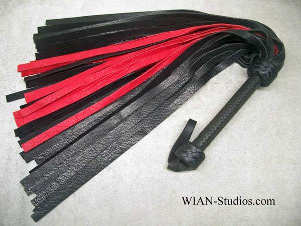 Black Mid-Weight Buffalo and Heavy Red Cowhide Flogger, Black Laced Handle