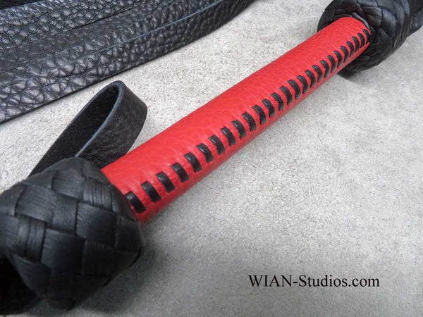 Black Buffalo Flogger, Red Bullhide Laced Handle