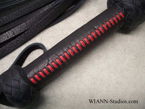 Black Buffalo Flogger, Wider Black Handle laced in Red Kangaroo