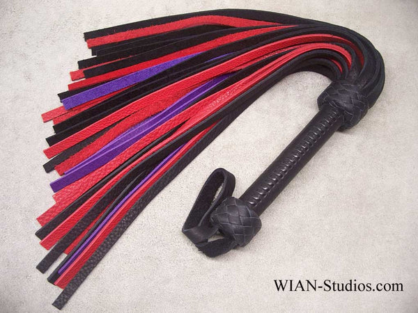 Black, Red and Purple Bullhide Flogger, Black Laced Handle, Medium Length