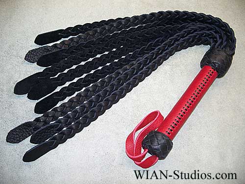 Black Bull Hide Flat Braid Cat-O-Nine, Red Handle