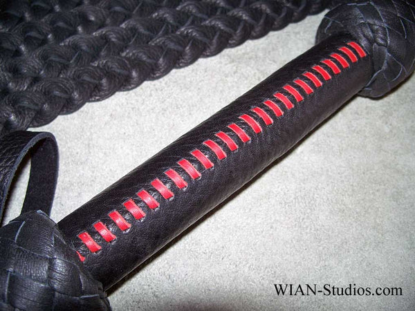 Black Bull Hide Flat Braid Cat-0-Nine, Red Kangaroo laced handle