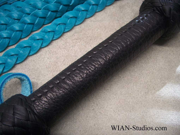 Turquoise Bull Hide Flat Braid Cat-0-Nine, Black Handle