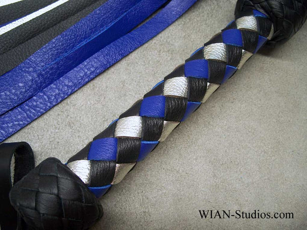 Blue, Black and Metallic Silver Cowhide Flogger