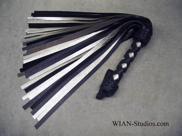 Black and Metallic Silver Cowhide Flogger, Medium Length