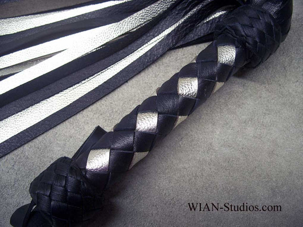 Black and Metallic Silver Cowhide Flogger, Medium Length