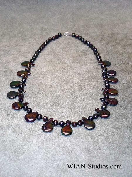 Black Baroque Peacock Pearl Necklace, 21"