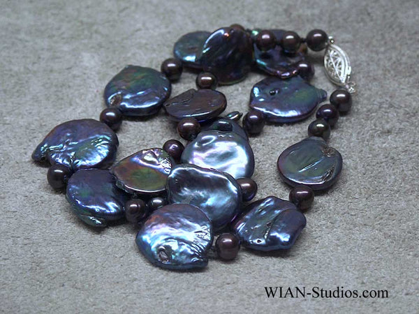 Black Baroque Peacock Coin Pearl Necklace, 18"