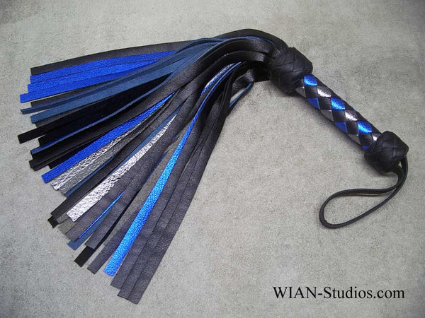 Black, Metallic Blue and Metallic Silver Cowhide Flogger, Small