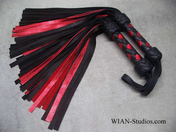 Black Elk and Metallic Red Cowhide Floggers, Matched Set, Small