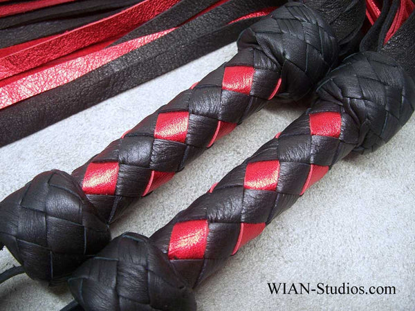 Black Elk and Metallic Red Cowhide Floggers, Matched Set, Small